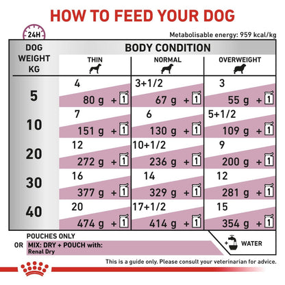 Feeding chart for dogs showing recommended daily feed amounts based on weight and body condition.