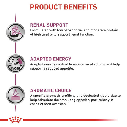 Product benefits for a pet food formulation with renal support, adapted energy, and aromatic choice.