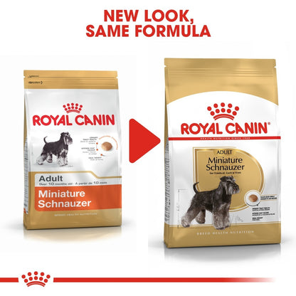 Two packages of Royal Canin Miniature Schnauzer dog food with a red arrow between them.