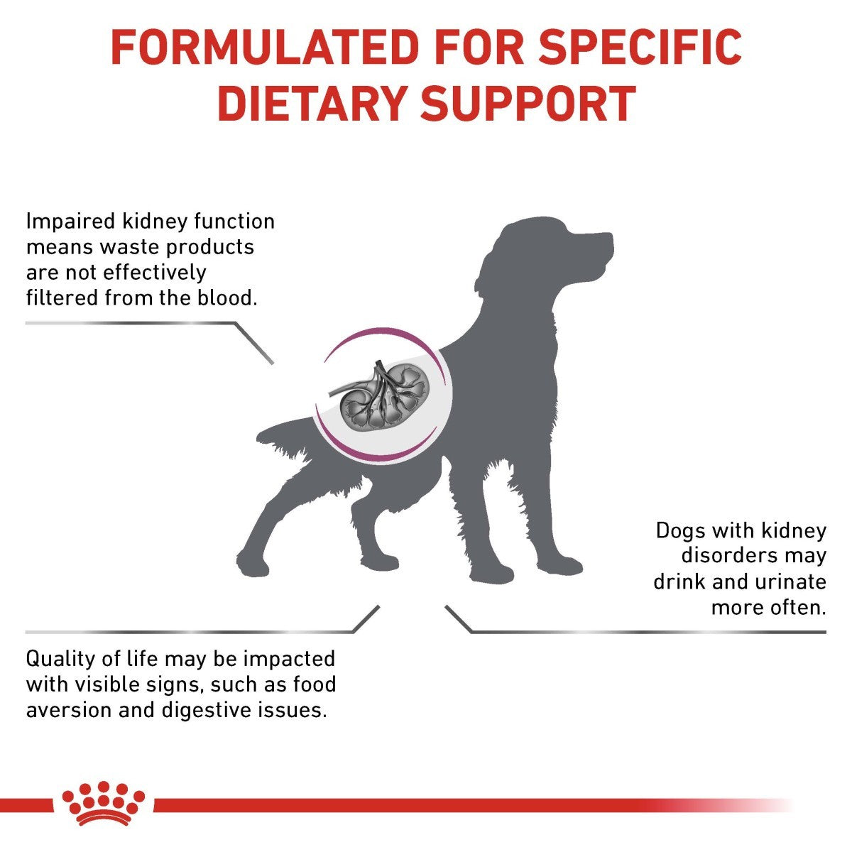 Diagram of a dog with kidney function issues and text about dietary support for dogs with impaired kidneys.