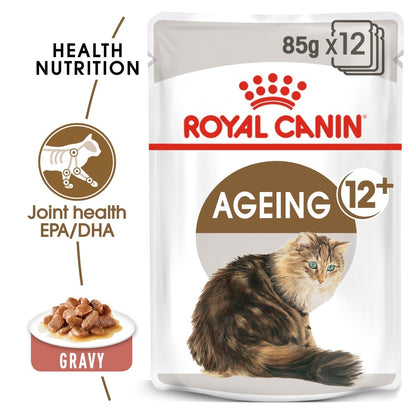 Royal Canin Ageing 12+ cat food pouch on a white background