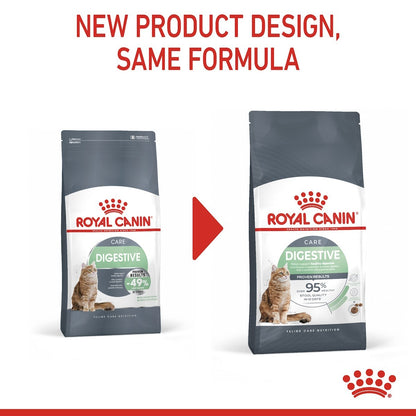 Two packages of Royal Canin cat food with a red arrow and text indicating new product design.