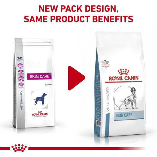 Two packages of Royal Canin Veterinary Skin Care with a red play button in the middle.