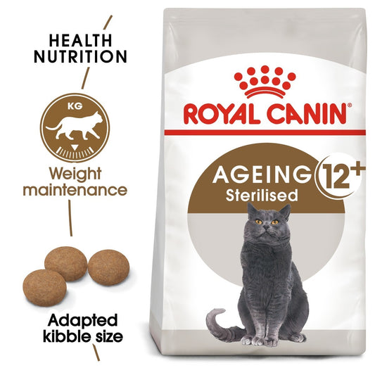 Royal Canin Ageing 12+ Sterilised cat food bag with a gray cat illustration on a white background.