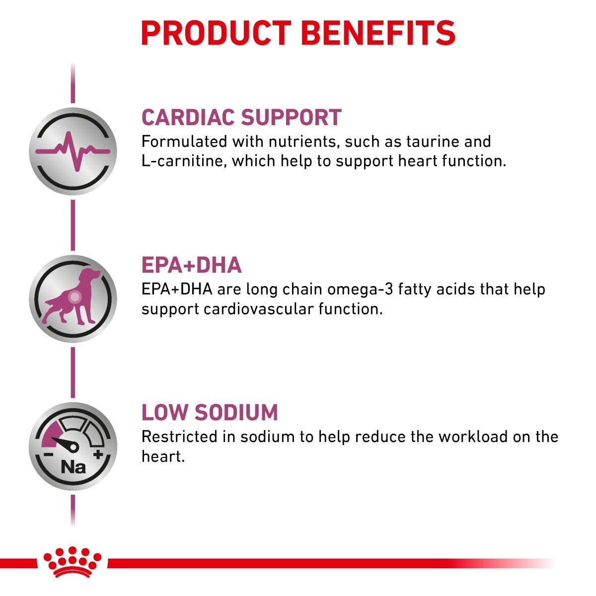 Product benefits for a dietary supplement with icons and text on a white background
