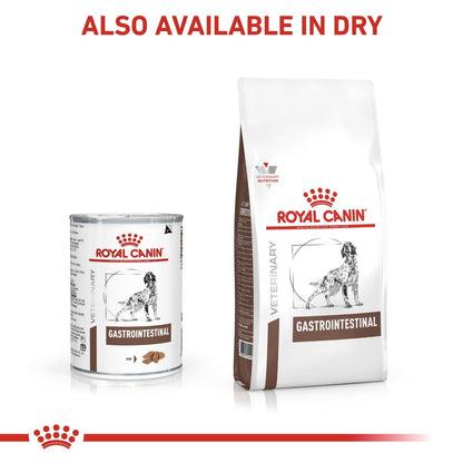 Royal Canin Gastrointestinal pet food can and bag on a white background