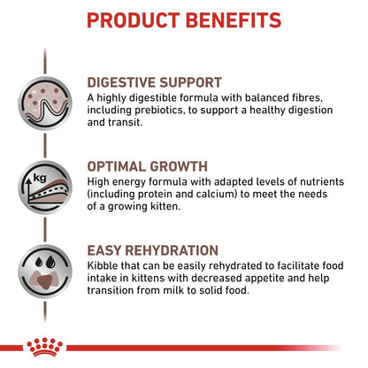 Product benefits for a cat food formula including digestive support, optimal growth, and easy rehydration.