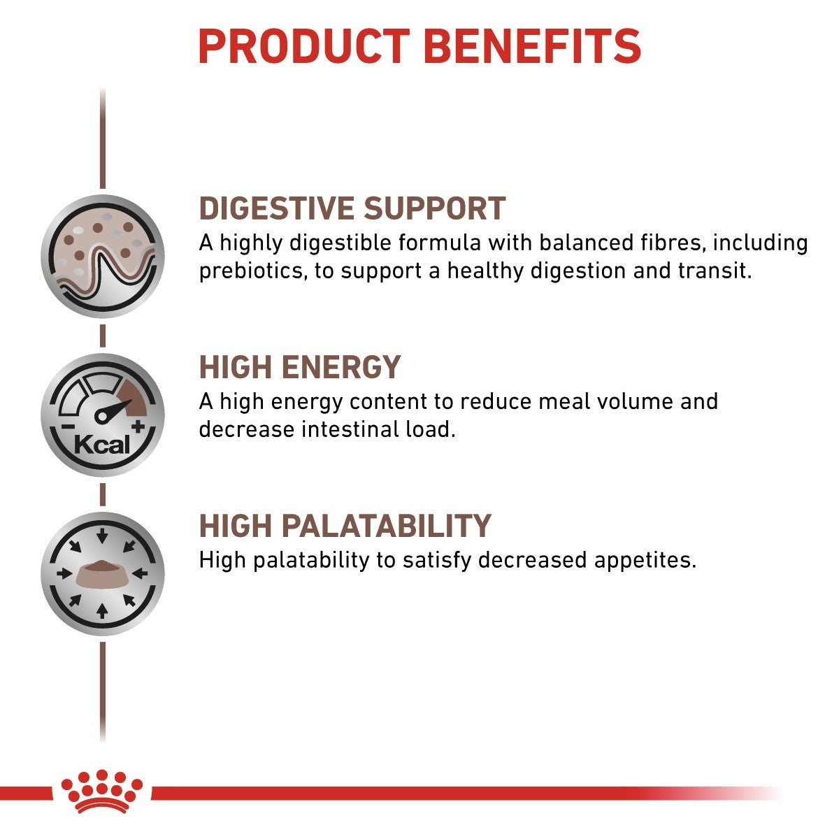 Product benefits of a pet food formula with digestive support, high energy, and high palatability on a white background.