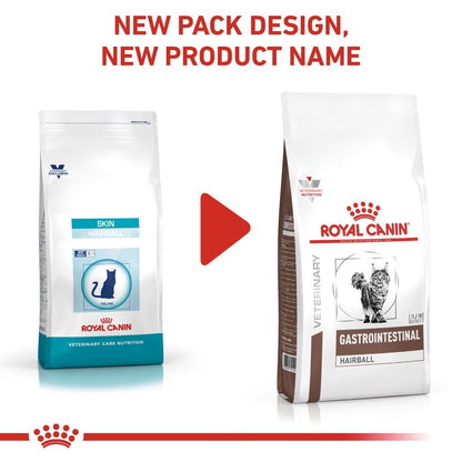 Two packages of Royal Canin veterinary care cat food with text indicating a new pack design and product name.