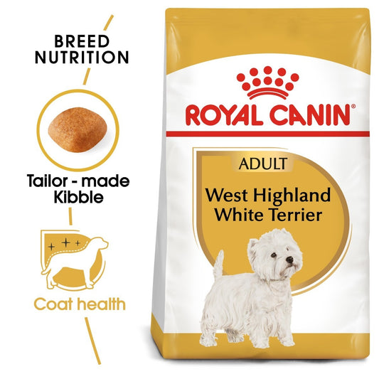 Royal Canin West Highland White Terrier dog food package with branding and product features.
