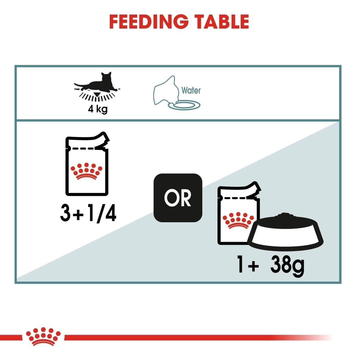 Feeding table diagram for a cat with weight, water, and food icons.