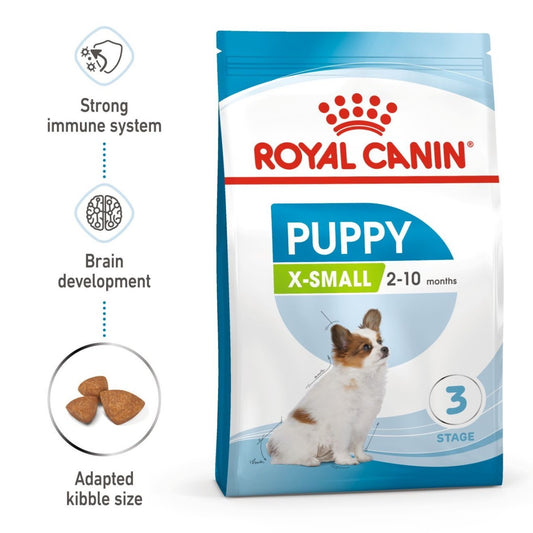 Royal Canin Puppy X-Small dog food package with features listed on a white background