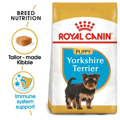 Royal Canin Yorkshire Terrier puppy food bag with product features highlighted