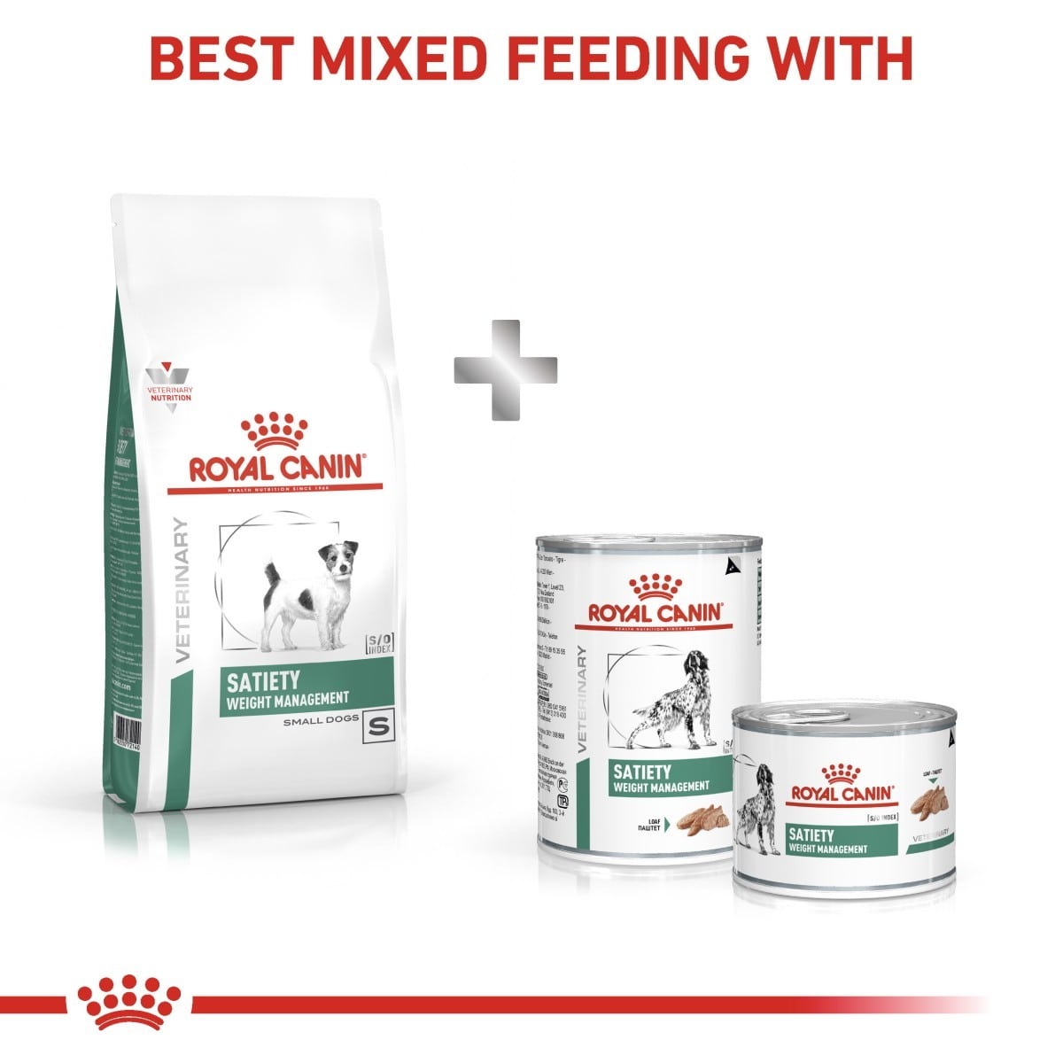 Royal Canin pet food products for mixed feeding on a white background