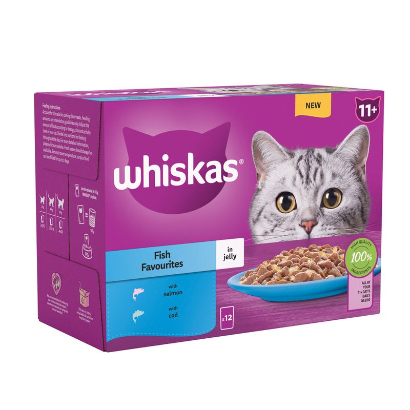 Whiskas cat food packaging with a purple background and a cat on it.