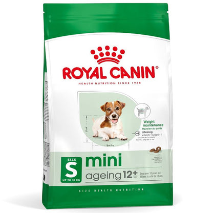 Royal Canin mini ageing 12+ dog food package on a white background