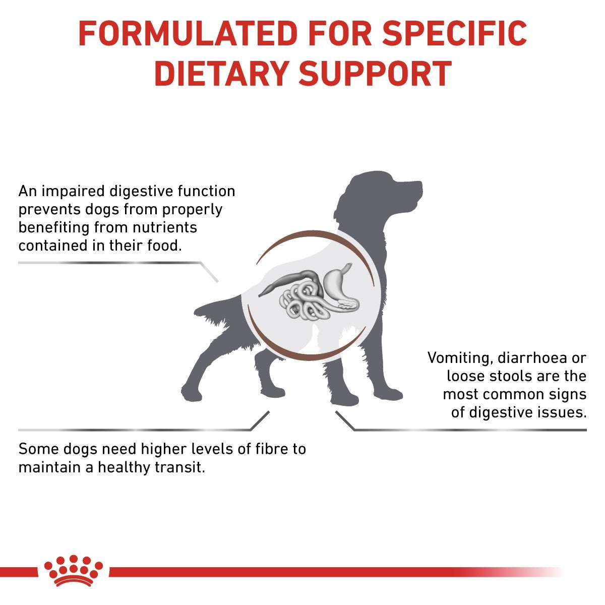 Dog food packaging with text about dietary support for dogs with digestive issues, featuring a silhouette of a dog and a bowl.