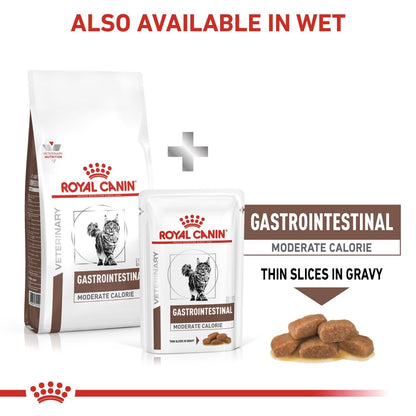 Royal Canin Gastrointestinal cat food packaging with text indicating availability in wet format.