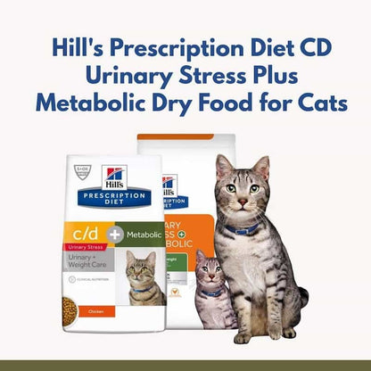 Hill's Prescription Diet CD Urinary Stress Plus Metabolic dry food for cats with a cat model on a white background