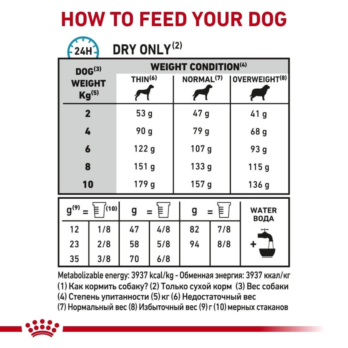 Dog food feeding chart for dry food only, showing recommended daily weight and water intake based on dog's weight.