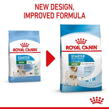 Two packages of Royal Canin Starter Mini dog food with a red arrow and text indicating new design and improved formula.
