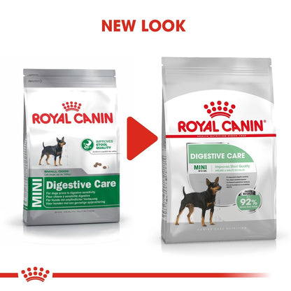 Two packages of Royal Canin Mini Digestive Care dog food with a red arrow and 'NEW LOOK' text.