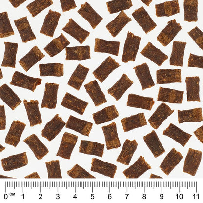 Pattern of small brown rectangular pieces with a ruler at the bottom for scale.