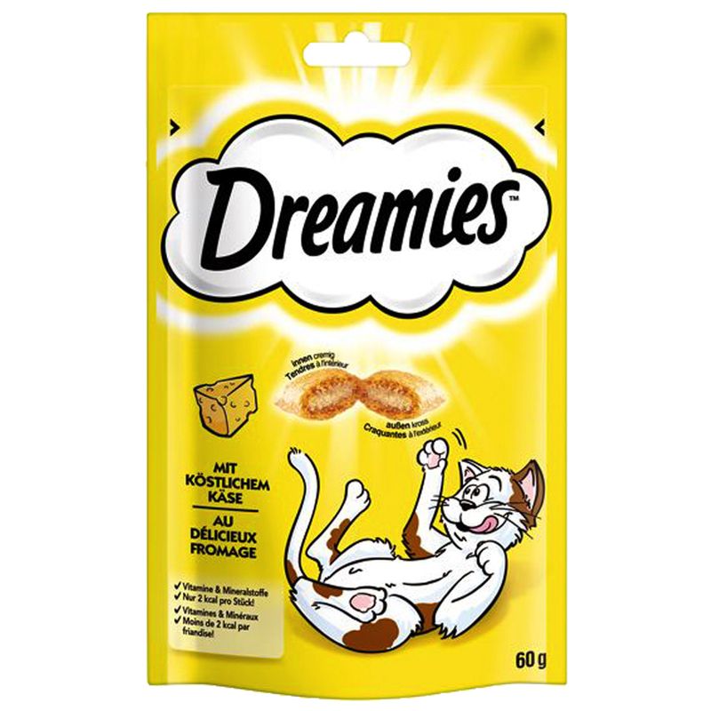 Dreamies cat treat package with a yellow background and cartoon cat illustration.