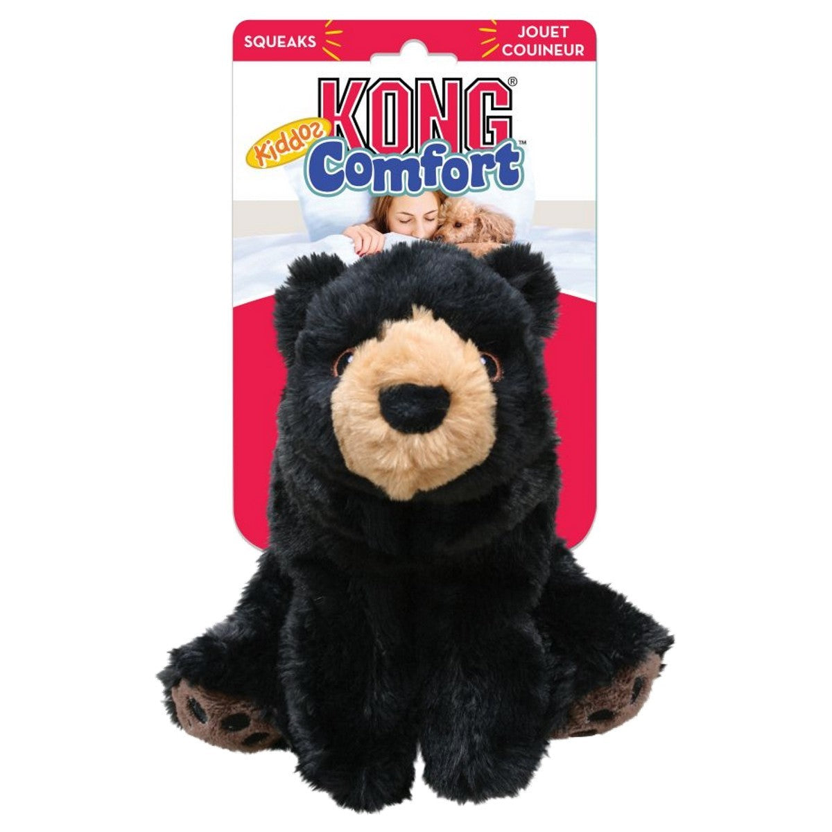 Kong Comfort black bear toy with packaging on a white background