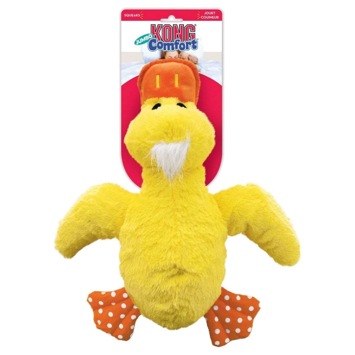 Yellow plush duck toy with an orange hat and polka dot pants on a white background