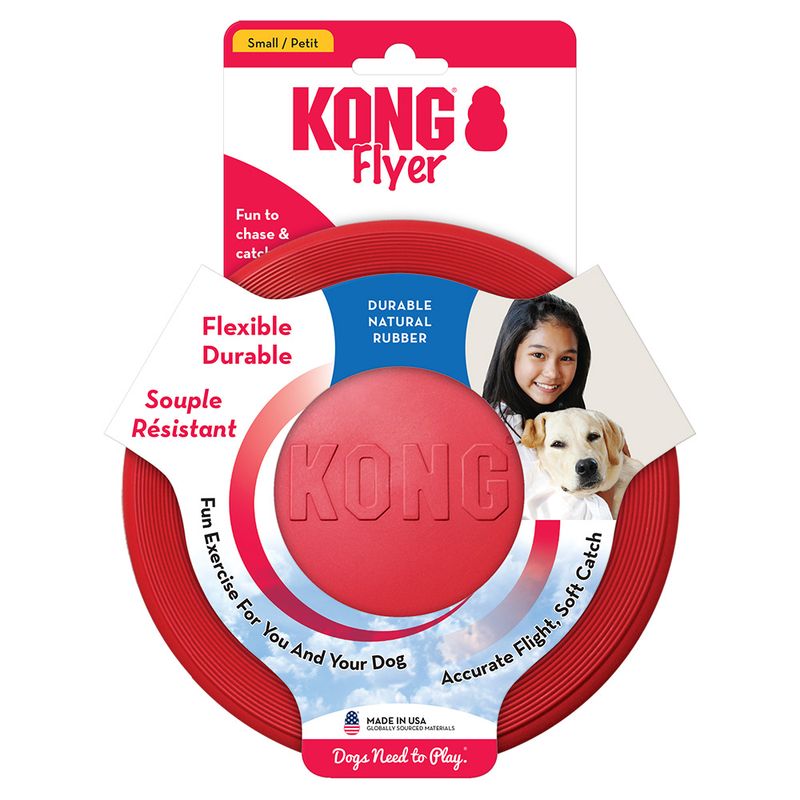 KONG Flyer dog toy packaging with red disc and white background