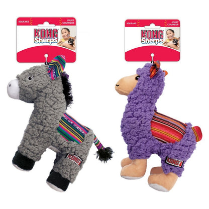 Two KONG Sheeps toys, one gray donkey and one purple llama, on their packaging with a white background.
