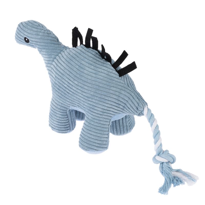 Blue knitted dinosaur toy with a rope on a white background