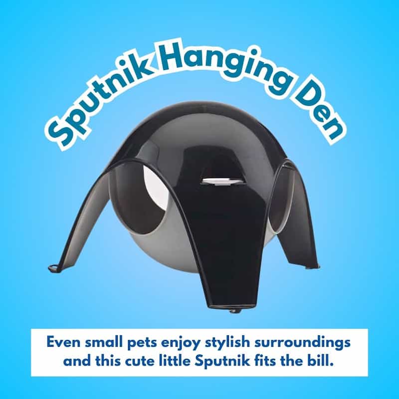 Black pet product labeled 'Sputnik Hanging Den' on a blue background with promotional text.
