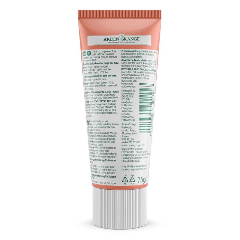 Tube of Arden Grange pet food on a white background