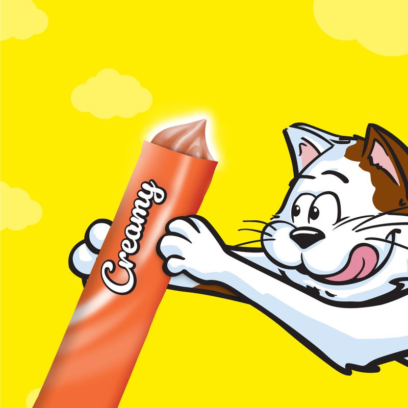 Cartoon cat holding a 'Creamy' ice cream stick against a yellow background