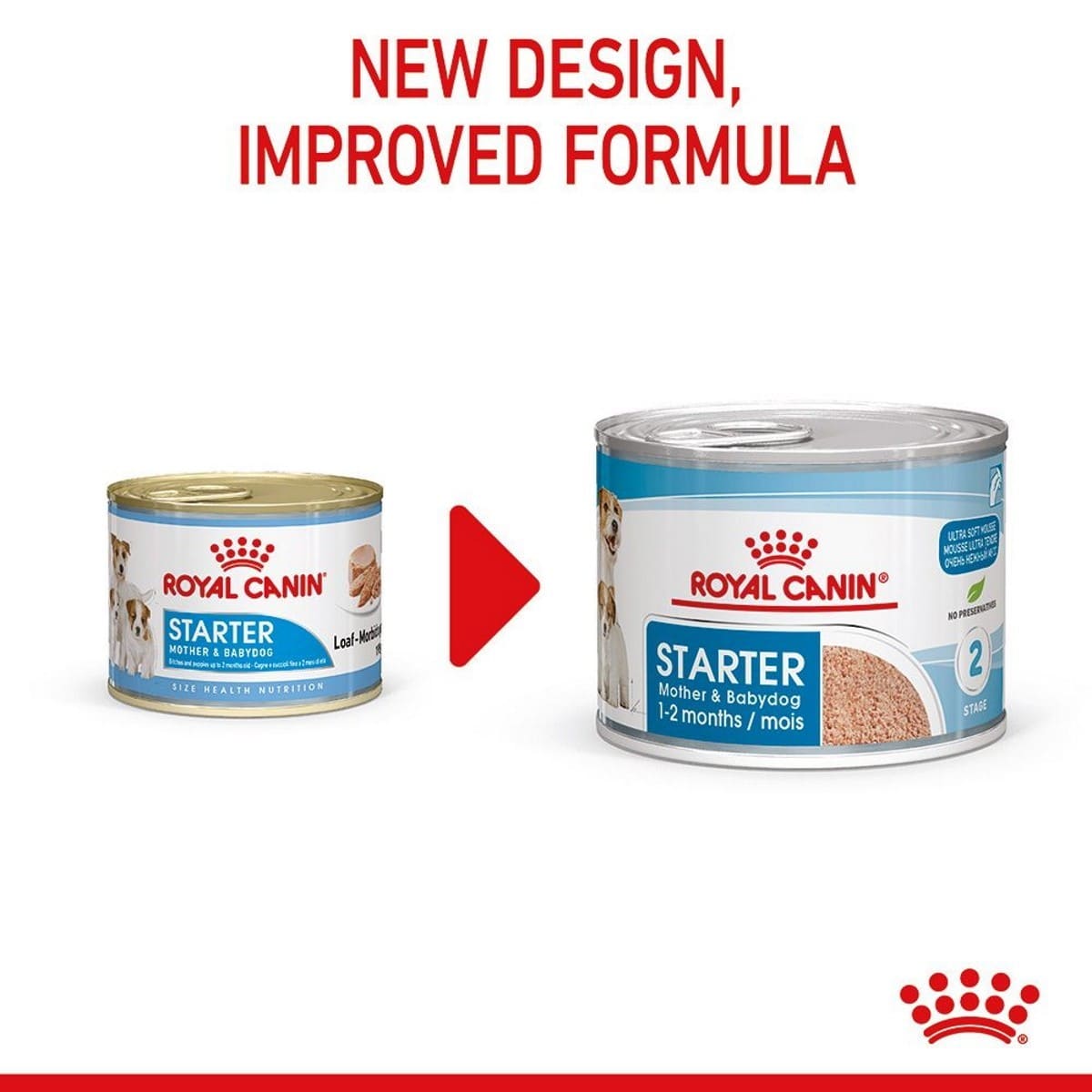 Two cans of Royal Canin Starter Mother & Babydog food with text about new design and improved formula on a white background.