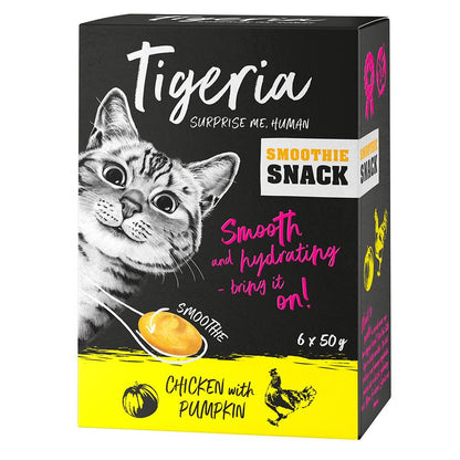 Tigeria smoothie snack packaging with a cat illustration and text on a black and yellow background