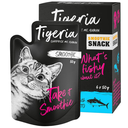Tigeria smoothie snack packaging with a cat illustration and text.