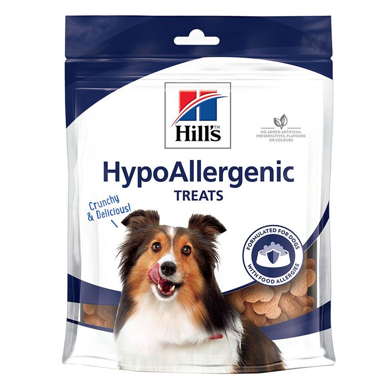 Hills HypoAllergenic treats packaging with a dog on a white background
