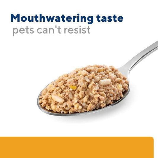 Spoonful of pet food with text 'Mouthwatering taste pets can't resist' on a white background