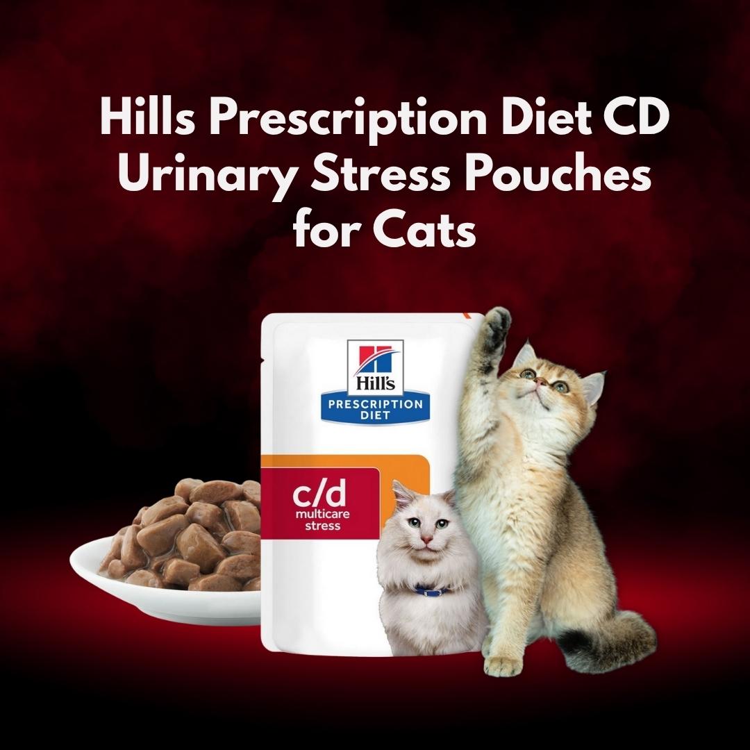 Hills Prescription Diet CD Urinary Stress pouch for cats with a cat and bowl of food on a red background