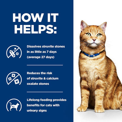 Cat with a blue background and text about urinary stone dissolution benefits.