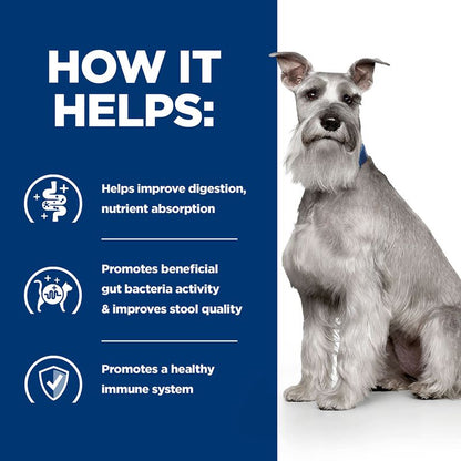 Dog sitting next to a blue panel with text about product benefits on a white background