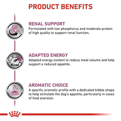 Product benefits for a pet food formulation with renal support, adapted energy, and aromatic choice.