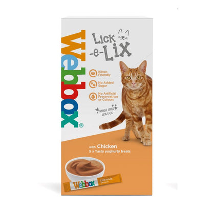 Webbox Lick-e-Lix cat treat packaging with a cat illustration on a white background