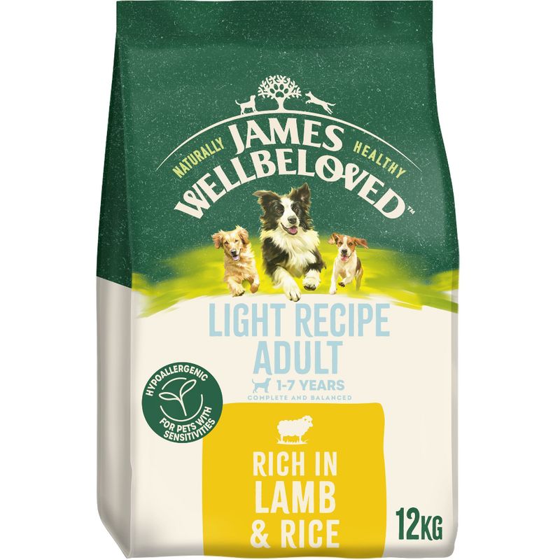 Bag of James Wellbeloved dog food with green, white, and yellow design