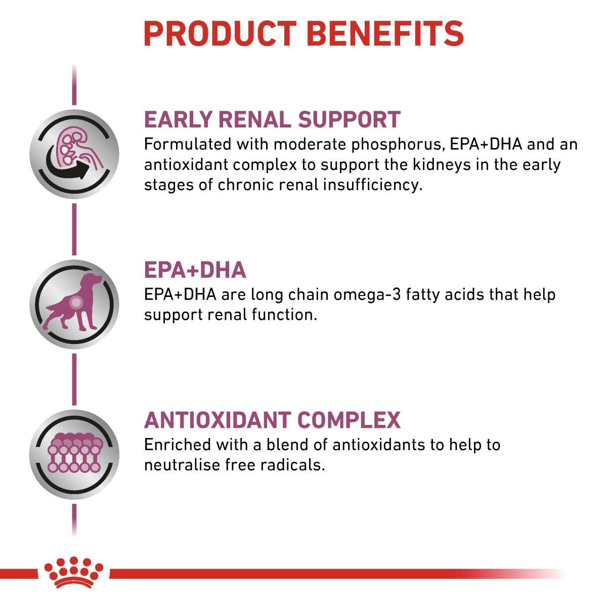 Product benefits for a pet supplement with EPA+DHA and antioxidant complex on a white background.