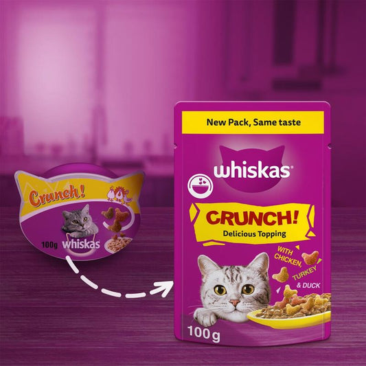 Whiskas Crunch! cat food packaging with a purple background