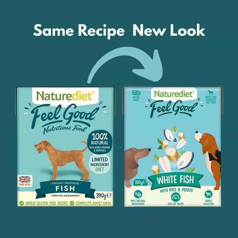 Two Naturediet 'Feel Good' pet food boxes with a blue background and text indicating a 'Same Recipe New Look'.